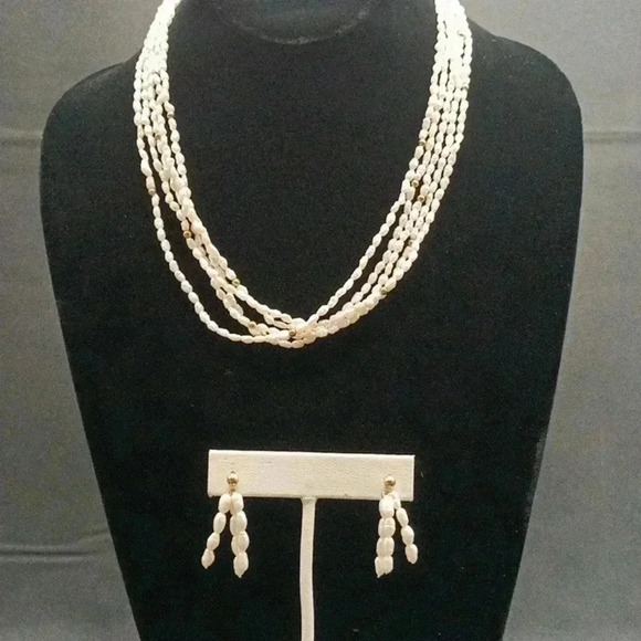14K Gold 5 Strand Freshwater Pearl Necklace and Earrings Set